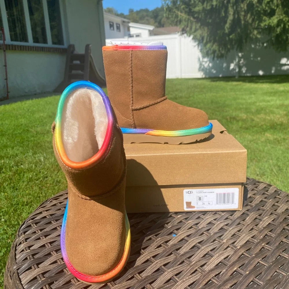 NWT/NIB UGG Classic Short Toddler Rainbow Shearling Lined Boots in Chestnut (8)